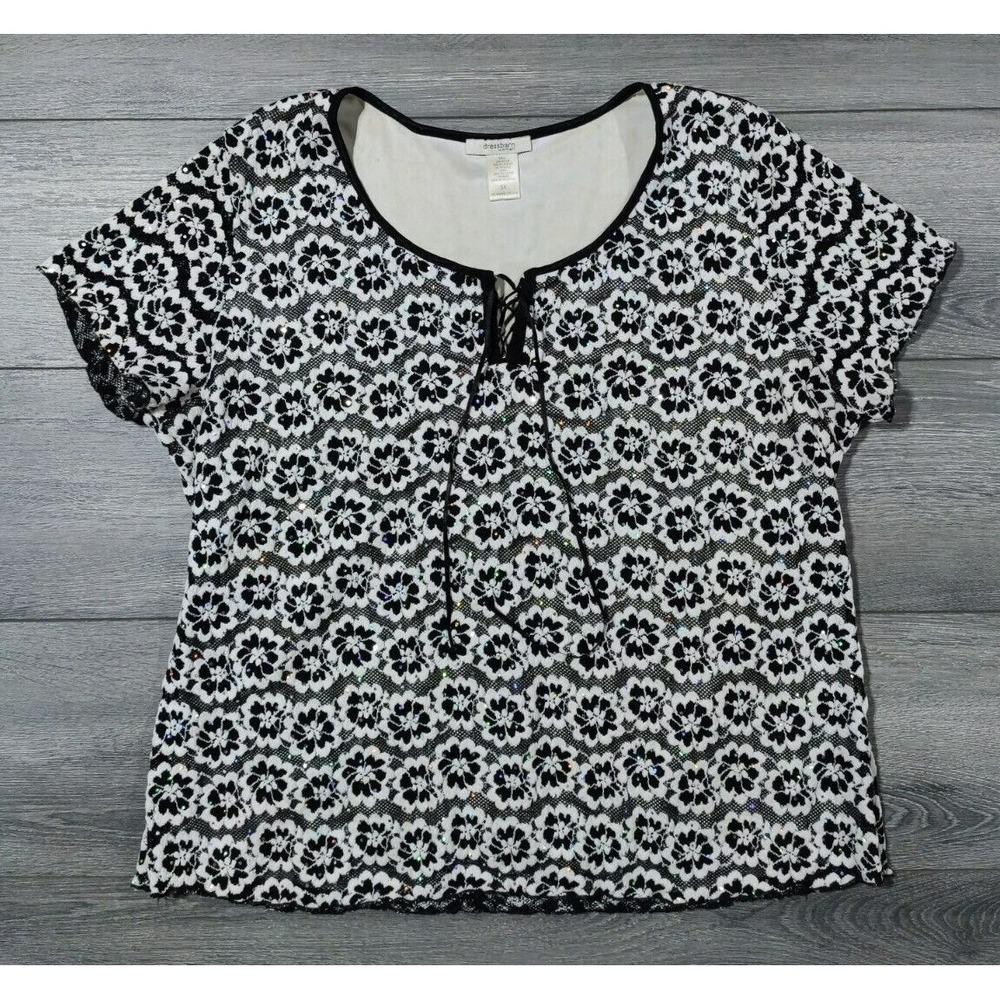 Dressbarn Shirt Adult 3XL Black White Sparkly Stud Floral Womens